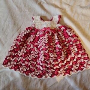 Handmade Crochet Baby Dress Pink White Knit Infant Gift